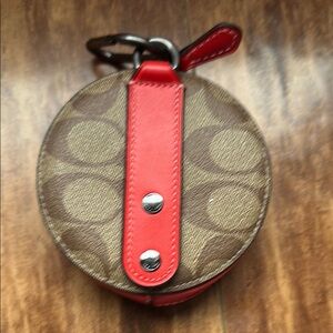 Coach Round Coated Canvas Monogram Print Brown With Orange Leather Change Purse